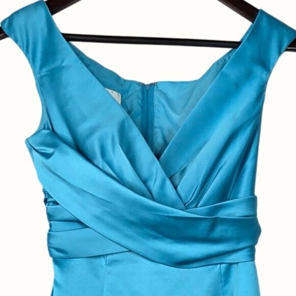 David's Bridal 83168 Short Satin Off-the-Shoulder A-Line Teal Blue Dress Size 2 - Picture 4 of 7